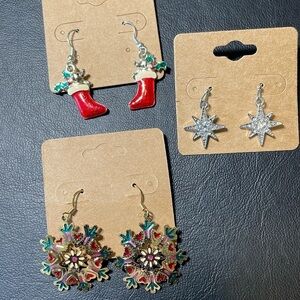Christmas Earrings, Fishhook, Set of 3, Women’s, Red Silver Green